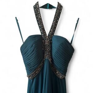 Xscape Teal Beaded Halter Evening Gown – Size 6